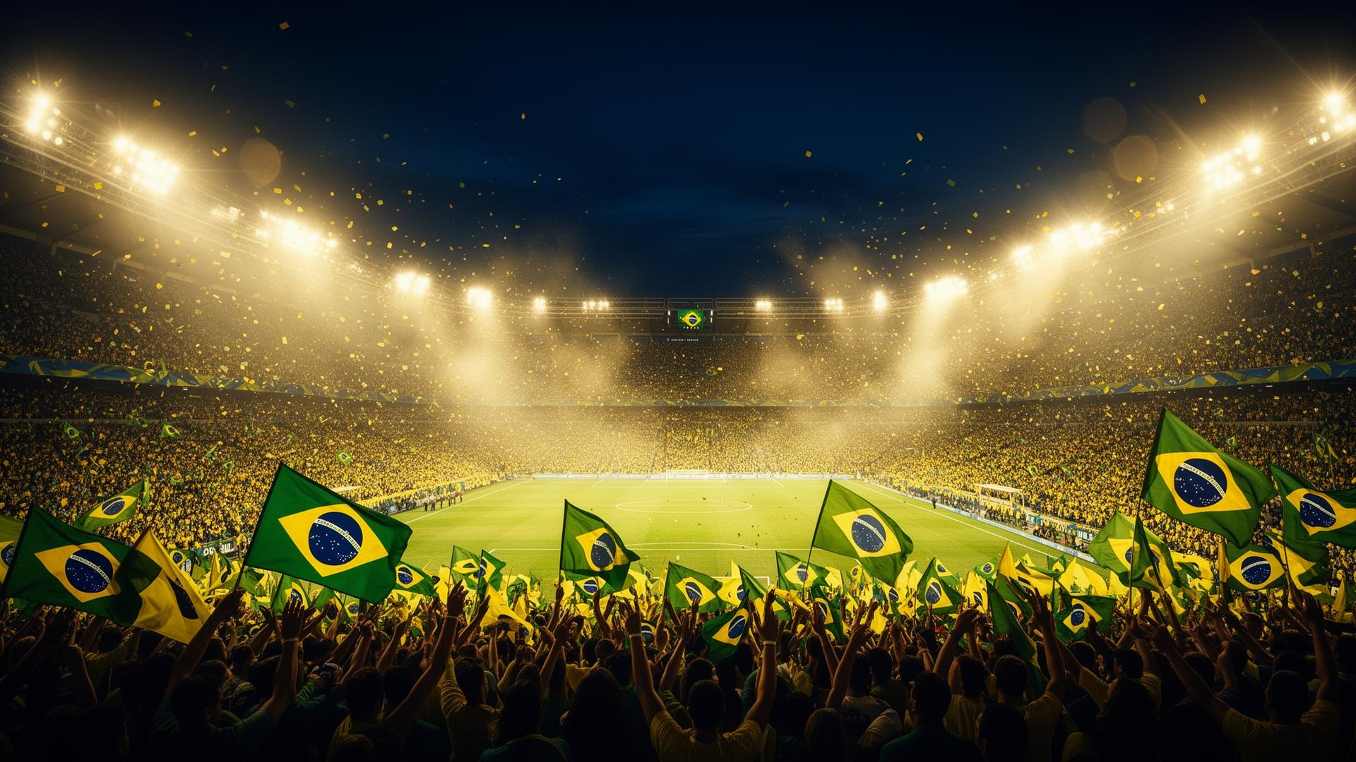 Estádio lotado de torcedores brasileiros na Copa do Mundo